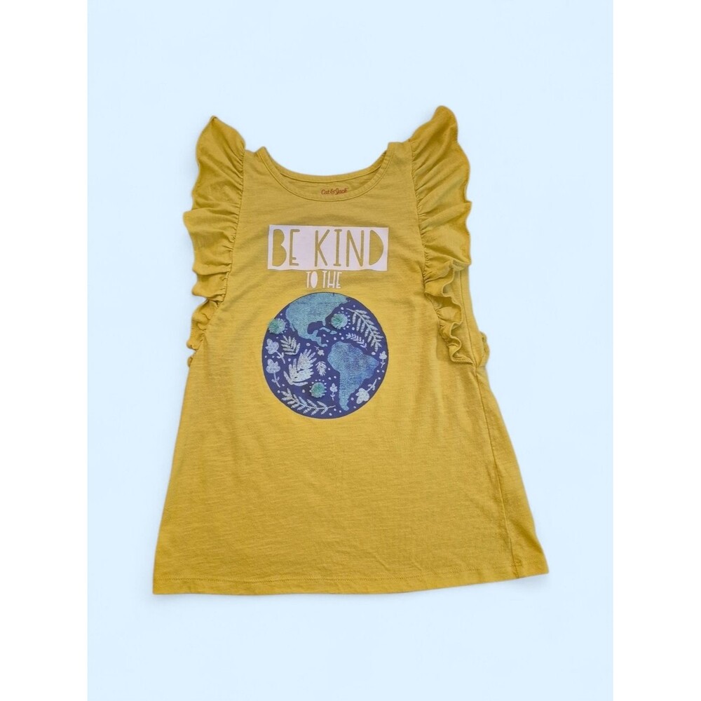 Cat & Jack Yellow Ruffle Sleeve Tee 'Be Kind To The Earth' Small Poms Size Large